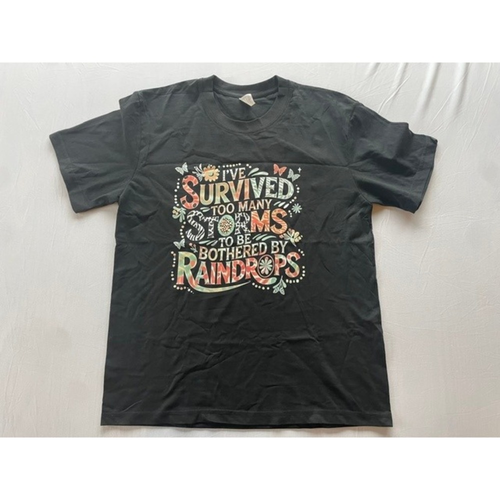 Inspirational Graphic T-Shirt Black Short Sleeve Survived Storms Size M